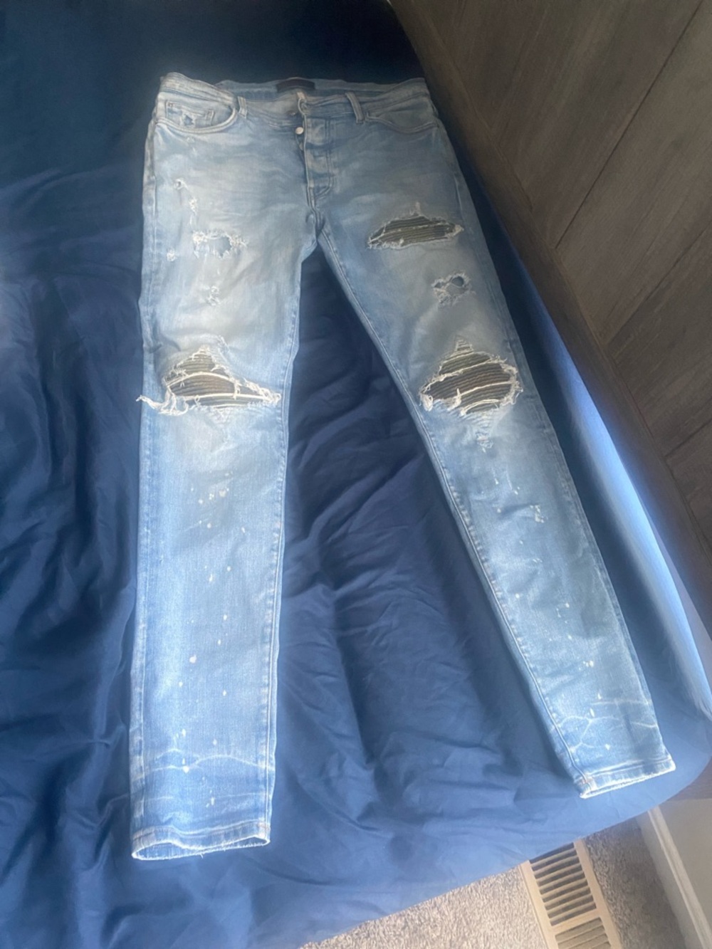 AMIRI Light Blue Distressed Slim Straight Jeans